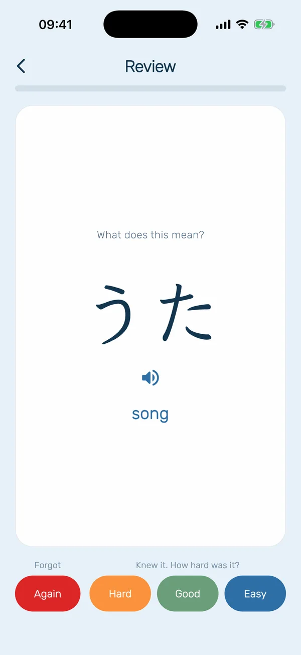 A HeyShima review card for かく, to write, with Again, Hard, Good, and Easy buttons